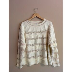 Zara Womens Cream Pointelle‎ Cable Knit Ribbed Crewneck Sweater Off White Ivory